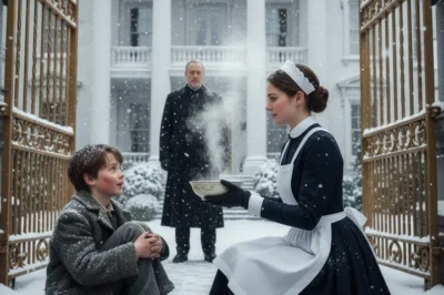 A maid secretly fed a starving boy she found outside the mansion gates — but when her billionaire boss walked in, his reaction stunned her speechless.