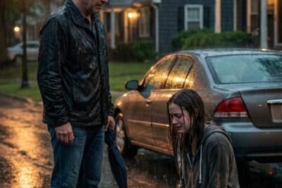 I saw my daughter kneeling in the freezing rain—punished by her husband for buying a dress on sale. Laughter poured from inside. I pulled her up, kicked the door in, and said five words that shattered the room.