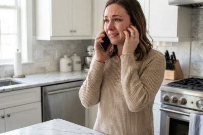 A highly emotional, cinematic scene set in a bright, modern American kitchen during daytime. The space features white shaker cabinets, marble countertops, stainless steel appliances, warm pendant lighting, and a clean, upper-middle-class suburban American atmosphere.  At the center, a Caucasian American woman in her early 30s stands behind a kitchen island, holding a smartphone to her ear. She wears a soft beige knit sweater. Her eyes are red and glassy with tears, cheeks flushed, lips trembling slightly as she forces a fragile smile. Tears pool along her lower eyelids, conveying a complex mix of heartbreak, gratitude, and emotional overwhelm. Her gaze is distant and unfocused, as if listening to life-changing words on the phone.  On the kitchen island in front of her: an open box of assorted chocolates with a gold ribbon, one chocolate partially unwrapped, an empty plastic tray, and a handwritten card reading “Happy Birthday!” placed prominently in the foreground. A smartphone lies face-up nearby, reinforcing the emotional connection.  The woman’s posture is slightly slumped, one arm folded protectively across her body, signaling vulnerability and quiet pain. Subtle details like skin texture, wet eyelashes, and micro-expressions around the eyes and mouth emphasize realism.  Soft natural light from a nearby window highlights her face, creating gentle shadows that enhance emotional depth. Shallow depth of field, cinematic framing, ultra-realistic photography style, expressive eyes, intimate storytelling, modern American domestic setting, emotionally powerful and authentic.