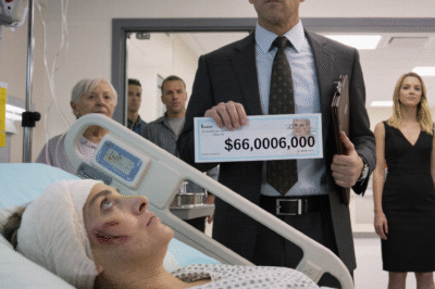 A hyper-realistic cinematic drama scene set inside a modern American hospital room. Clean white walls, medical equipment, IV stand, soft overhead lighting, and a glass doorway leading to a hallway create a cold, clinical atmosphere. The lighting is neutral but slightly tense, emphasizing emotional conflict rather than warmth.  In the foreground, a young Caucasian American woman lies in a hospital bed wearing a patterned hospital gown. Her head is partially bandaged, with visible bruises and small cuts on her face. Her eyes are wide, glossy, and filled with shock, disbelief, and quiet fear as she looks upward toward the man standing beside her bed. Her expression conveys vulnerability, confusion, and emotional exhaustion rather than physical pain.  Standing close to the bed is a middle-aged American man in a dark business suit, holding a large ceremonial check clearly displaying “$66,000,000.” His face is stern, controlled, and emotionally distant. His eyes are sharp and calculating, showing authority, pressure, and moral ambiguity. One hand grips a leather folder, reinforcing his power and wealth.  In the background, three American adults stand together near the doorway: an elderly woman with gray hair showing worry and disbelief in her eyes; a middle-aged man with a tense, conflicted expression; and a younger blonde woman in a black dress whose gaze is cold, guarded, and judgmental. Their postures are rigid, silently observing the transaction-like moment.  The composition centers on the emotional contrast between money and human suffering. Shallow depth of field keeps focus on facial expressions and eye contact. Skin textures, bruises, subtle eye moisture, and realistic lighting enhance authenticity. The overall tone is intense, dramatic, and morally unsettling, capturing a powerful moment of confrontation, wealth, and vulnerability in an American medical setting.