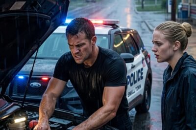 A SINGLE DAD PULLED OVER TO HELP A FEMALE COP — HE WENT ICE COLD WHEN HE SAW HER FACE.  The rain was coming down hard enough to blur the world.